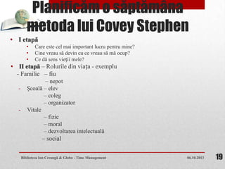 Planificăm o săptămâna
metoda lui Covey Stephen
• I etapă
• Care este cel mai important lucru pentru mine?
• Cine vreau să devin cu ce vreau să mă ocup?
• Ce dă sens vieții mele?
• II etapă – Rolurile din viața - exemplu
- Familie – fiu
– nepot
- Școală – elev
– coleg
– organizator
- Vitale
– fizic
– moral
– dezvoltarea intelectuală
– social
06.10.2013Biblioteca Ion Creangă & Globo - Time Management 19
 