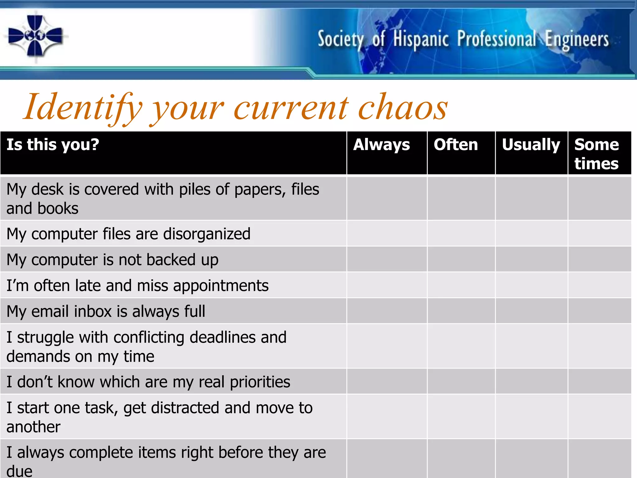 Identify your current chaos
Is this you?                                     Always   Often   Usually Some
                                                                          times
My desk is covered with piles of papers, files
and books
My computer files are disorganized
My computer is not backed up
I’m often late and miss appointments
My email inbox is always full
I struggle with conflicting deadlines and
demands on my time
I don’t know which are my real priorities
I start one task, get distracted and move to
another
I always complete items right before they are
due
 