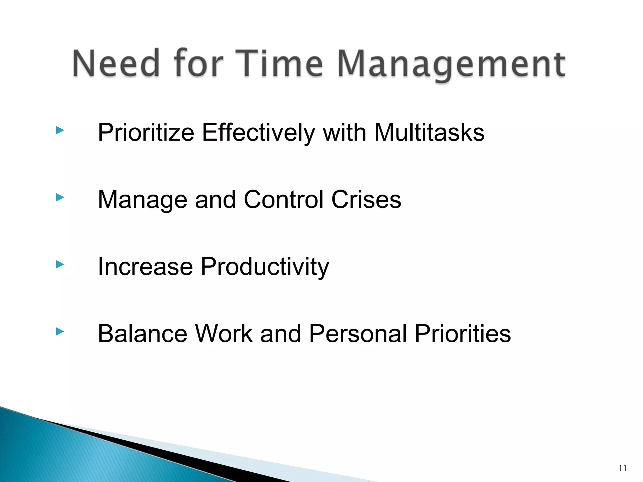  Prioritize Effectively with Multitasks
 Manage and Control Crises
 Increase Productivity
 Balance Work and Personal Priorities
11
 