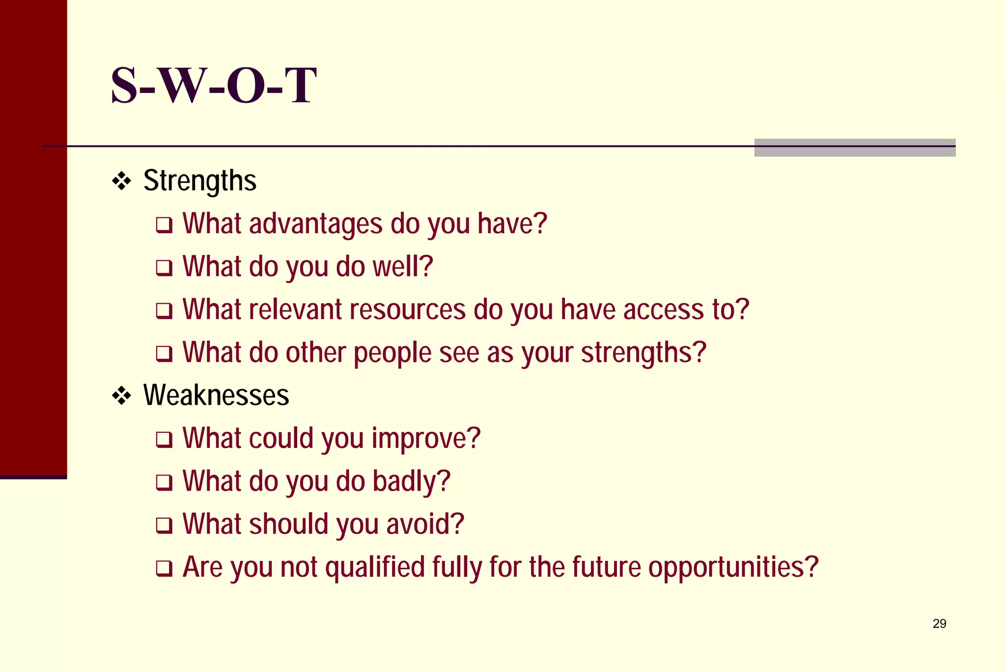 S-W-O-T 
 
Strengths 
 
What advantages do you have? 
 
What do you do well? 
 
What relevant resources do you have access to? 
 
What do other people see as your strengths? 
 
Weaknesses 
 
What could you improve? 
 
What do you do badly? 
 
What should you avoid? 
 
Are you not qualified fully for the future opportunities? 
29 
 