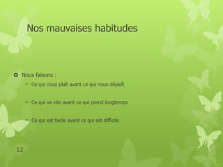 Nos mauvaises habitudes 
 Nous faisons : 
 Ce qui nous plaît avant ce qui nous déplaît 
 Ce qui va vite avant ce qui prend longtemps 
 Ce qui est facile avant ce qui est difficile 
12 
 