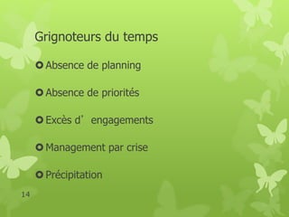 Grignoteurs du temps 
 Absence de planning 
 Absence de priorités 
 Excès d’engagements 
Management par crise 
 Précipitation 
14 
 