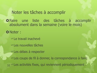 Noter les tâches à accomplir 
Faire une liste des tâches à accomplir 
absolument dans la semaine (voire le mois) 
Noter : 
Le travail inachevé 
Les nouvelles tâches 
Les délais à respecter 
Les coups de fil à donner, la correspondance à faire 
 32 Les activités fixes, qui reviennent périodiquement . 
 