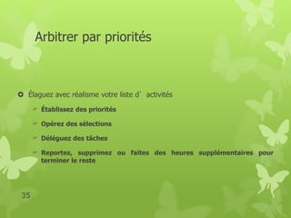 Arbitrer par priorités 
 Élaguez avec réalisme votre liste d’activités 
 Établissez des priorités 
 Opérez des sélections 
 Déléguez des tâches 
 Reportez, supprimez ou faites des heures supplémentaires pour 
terminer le reste 
35 
 