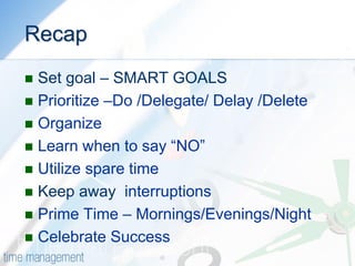 Recap 
Set goal – SMART GOALS 
Prioritize –Do /Delegate/ Delay /Delete 
Organize 
Learn when to say “NO” 
Utilize spare time 
Keep away interruptions 
Prime Time – Mornings/Evenings/Night 
Celebrate Success  