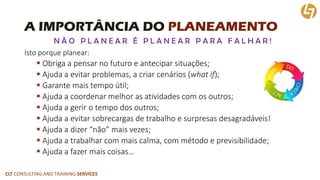 CLT CONSULTING AND TRAINING SERVICES 
A IMPORTÂNCIA DO PLANEAMENTO 
NÃO PLANEAR É PLANEAR PARA FALHAR! 
Isto porque planea...