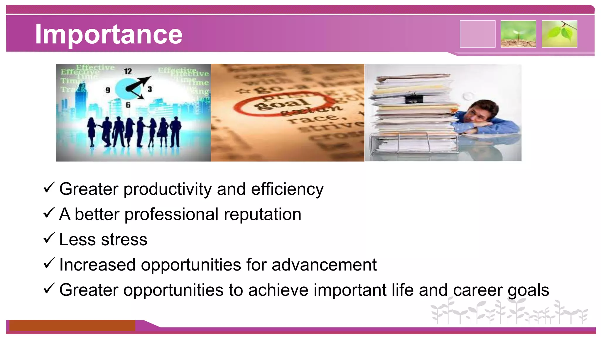 Importance 
 Greater productivity and efficiency 
 A better professional reputation 
 Less stress 
 Increased opportunities for advancement 
 Greater opportunities to achieve important life and career goals 
www.themegallery.com 
 