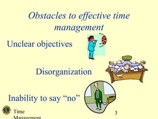 Obstacles to effective time 
Time 
Management 
3 
management 
Unclear objectives 
Disorganization 
Inability to say “no” 
 