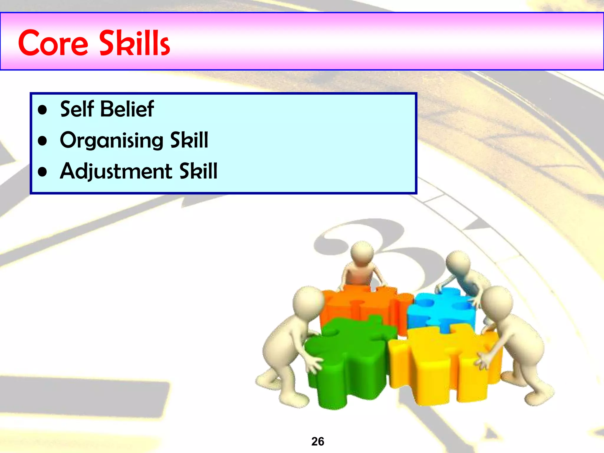 26
Core Skills
• Self Belief
• Organising Skill
• Adjustment Skill
 