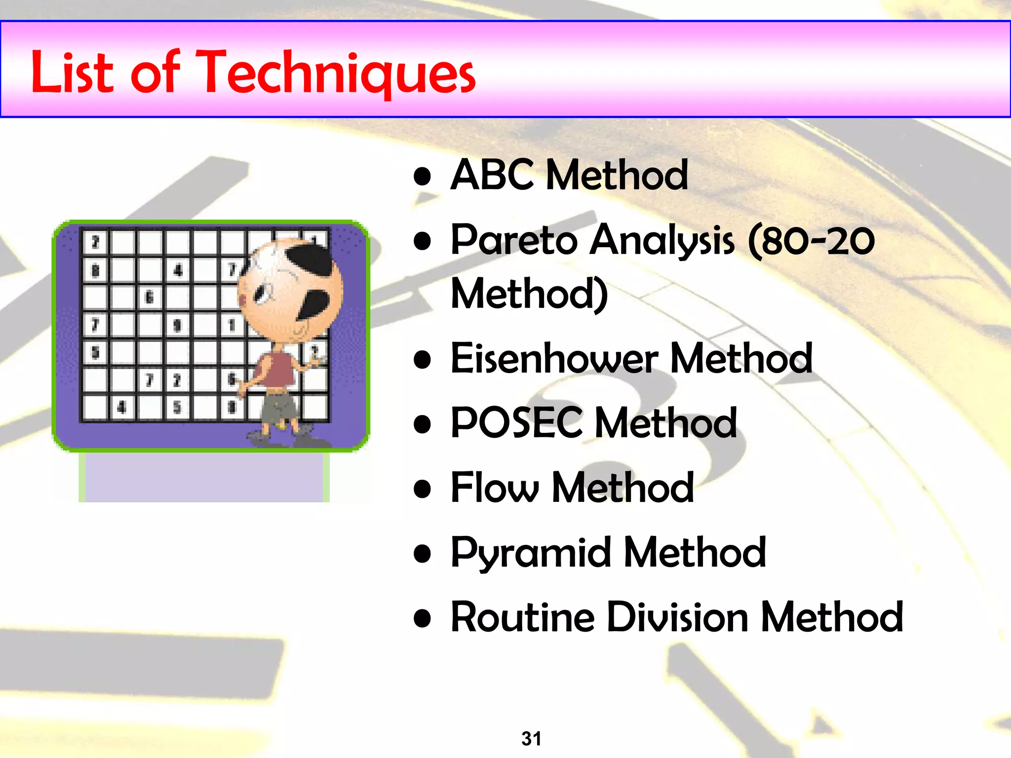 31
List of Techniques
• ABC Method
• Pareto Analysis (80-20
Method)
• Eisenhower Method
• POSEC Method
• Flow Method
• Pyramid Method
• Routine Division Method
 