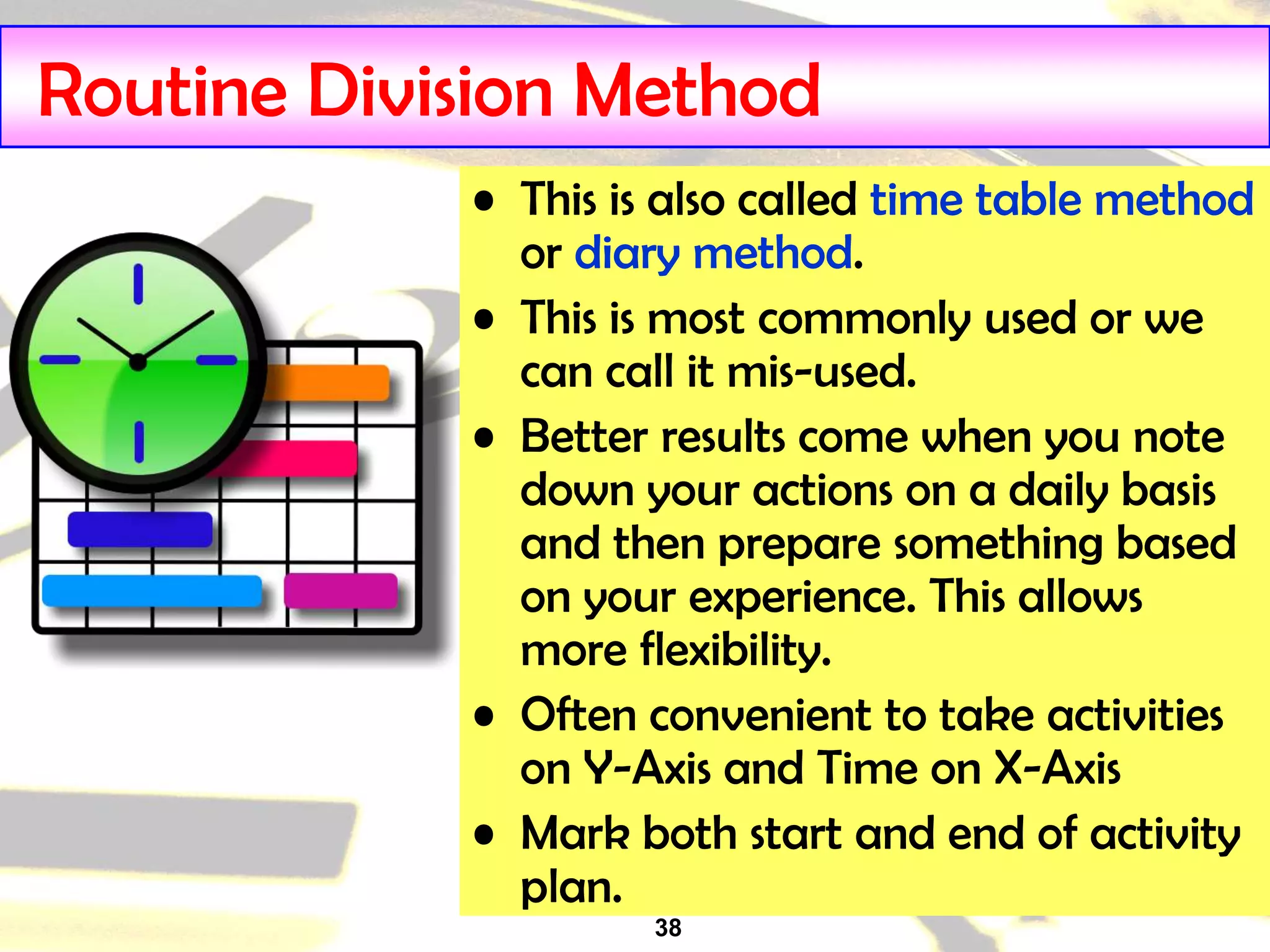 38
Routine Division Method
• This is also called time table method
or diary method.
• This is most commonly used or we
can call it mis-used.
• Better results come when you note
down your actions on a daily basis
and then prepare something based
on your experience. This allows
more flexibility.
• Often convenient to take activities
on Y-Axis and Time on X-Axis
• Mark both start and end of activity
plan.
 