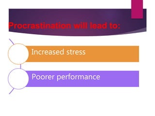 Procrastination will lead to:
Increased stress
Poorer performance
 