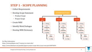 STEP 1 - SCOPE PLANNING
Designed and Developed by https://www.pmbypm.com 3
• Collect Requirements
• Develop Scope Statement
• Product Scope
• Project Scope
• Create WBS
• Identify Work Packages
• Develop WBS Dictionary
0.0 Multimedia Project
1.0
Book
3.0 DVD2.0 CD
1.1 Writing
1.2
Publishing
1.3
Producing
1.4 Selling
3.4.1
Retail
3.4 Selling2.4 Selling
3.3
Producing
2.3
Producing
3.2
Recording
2.2
Recording
2.1 Writing 3.1 Writing
2.4.2 Mail1.4.2 Mail 3.4.2 Mail
2.4.1
Retail
1.4.1
Retail
https://www.slideshare.net/pmalik2/ignore-project-scope-wbs-at-your-own-peril-84976876
https://www.pmbypm.com/7-reasons-to-create-wbs/
For More Information-
 