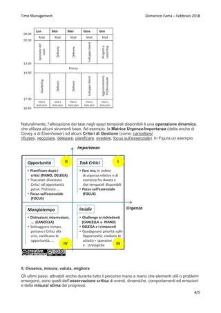 Time Management Domenico Famà – Febbraio 2018
4/5
Naturalmente, l’allocazione dei task negli spazi temporali disponibili è una operazione dinamica,
che utilizza alcuni strumenti base. Ad esempio, la Matrice Urgenza-Importanza (detta anche di
Covey o di Eisenhower) ed alcuni Criteri di Gestione (come: cancellare/
rifiutare, negoziare, delegare, pianificare, evadere, focus sull’essenziale). In Figura un esempio:
5. Osserva, misura, valuta, migliora
Gli ultimi passi, attivabili anche durante tutto il percorso mano a mano che elementi utili o problemi
emergono, sono quelli dell’osservazione critica di eventi, dinamiche, comportamenti ed emozioni
e della misura/ stima dei progressi.
 