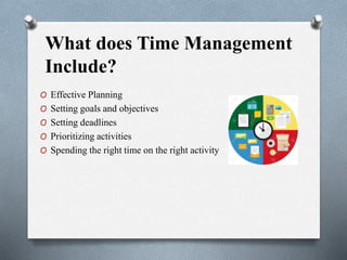 What does Time Management
Include?
O Effective Planning
O Setting goals and objectives
O Setting deadlines
O Prioritizing activities
O Spending the right time on the right activity
 