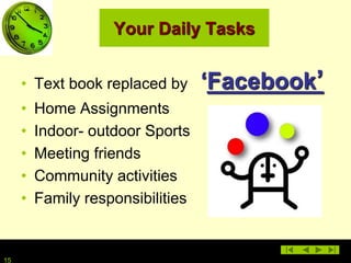 1515
Your Daily Tasks
• Text book replaced by ‘Facebook’
• Home Assignments
• Indoor- outdoor Sports
• Meeting friends
• Community activities
• Family responsibilities
 