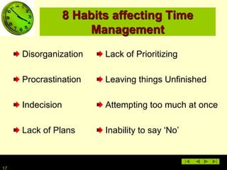 17
8 Habits affecting Time
Management
Disorganization
Procrastination
Indecision
Lack of Plans
Lack of Prioritizing
Leaving things Unfinished
Attempting too much at once
Inability to say ‘No’
 
