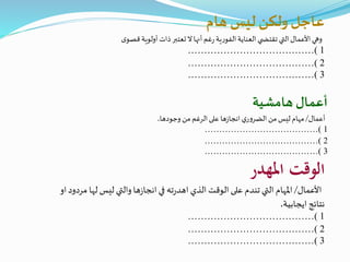 ‫هامشية‬ ‫أعمال‬
‫أعمال‬/‫وجودها‬ ‫من‬ ‫الرغم‬‫على‬‫ها‬‫ز‬‫انجا‬‫ي‬‫ر‬‫و‬‫الضر‬ ‫من‬‫ليس‬‫مهام‬.
…………………………………( 1
…………………………………( 2
…………………………………( 3
‫هام‬ ‫ليس‬‫ولكن‬ ‫عاجل‬
‫ى‬‫قصو‬ ‫أولوية‬ ‫ذات‬‫تعتبر‬‫ال‬‫أنها‬‫غم‬‫ر‬‫ية‬‫ر‬‫الفو‬‫العناية‬‫ي‬ ‫تقتض‬ ‫التي‬‫األعمال‬‫وهي‬
…………………………………( 1
…………………………………( 2
…………………………………( 3
‫املهدر‬ ‫الوقت‬
‫األعمال‬/‫له‬ ‫ليس‬ ‫والتي‬‫ها‬‫ز‬‫انجا‬‫في‬ ‫ته‬‫ر‬‫اهد‬ ‫الذي‬ ‫الوقت‬ ‫على‬ ‫تندم‬ ‫التي‬ ‫املهام‬‫او‬‫مردود‬ ‫ا‬
‫ايجابية‬ ‫نتائج‬.
…………………………………( 1
…………………………………( 2
…………………………………( 3
 