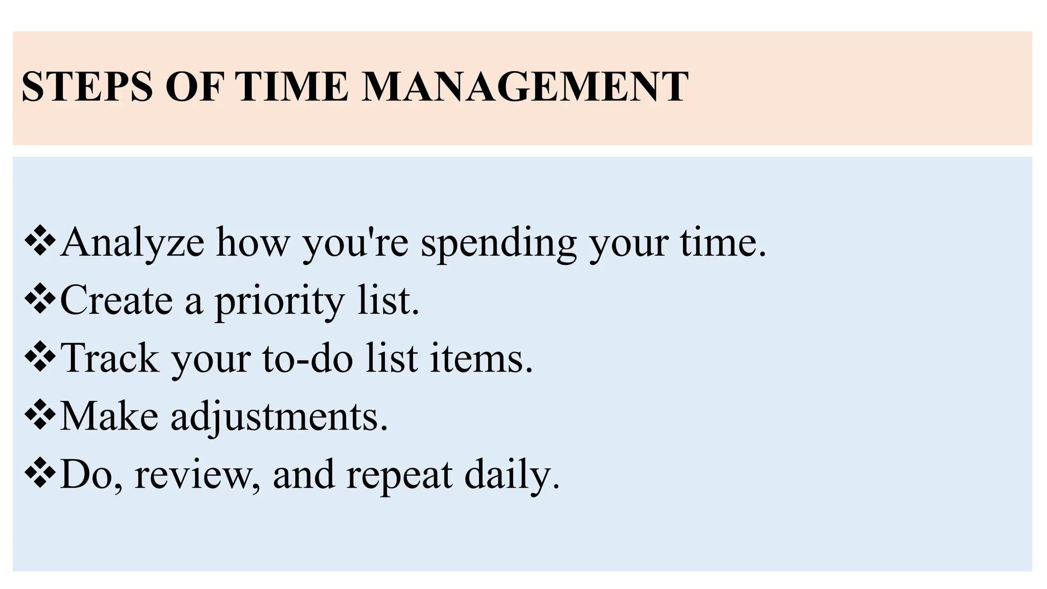 STEPS OF TIME MANAGEMENT
Analyze how you're spending your time.
Create a priority list.
Track your to-do list items.
Make adjustments.
Do, review, and repeat daily.
 