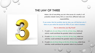 THE LAW OF THREE
Make a list of everything you do in the course of a month, it will
probably include twenty, thirty or even forty different tasks and
responsibilities.
If you review that list carefully, item by item, you will find that only 3
items on your entire list account for 90% of your value to business.
How to determine your Big Three?
1. If could only do one thing on this list, all day long, which one
activity would contribute the greatest value to my business?
2. If could only do two things on this list, all day long, which two
activities would contribute the greatest value to my business?
3. If could only do three things on this list, all day long, which three
activities would contribute the greatest value to my business?
 