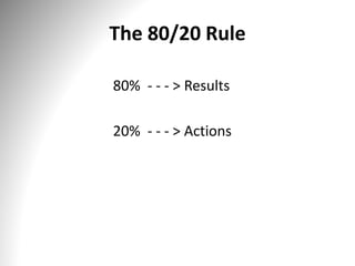 The 80/20 Rule
80% - - - > Results
20% - - - > Actions
 