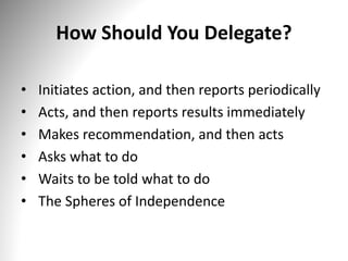 How Should You Delegate?
• Initiates action, and then reports periodically
• Acts, and then reports results immediately
• Makes recommendation, and then acts
• Asks what to do
• Waits to be told what to do
• The Spheres of Independence
 