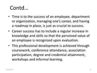 Contd…
• Time is to the success of an employee, department
or organization, managing one’s career, and having
a roadmap in...