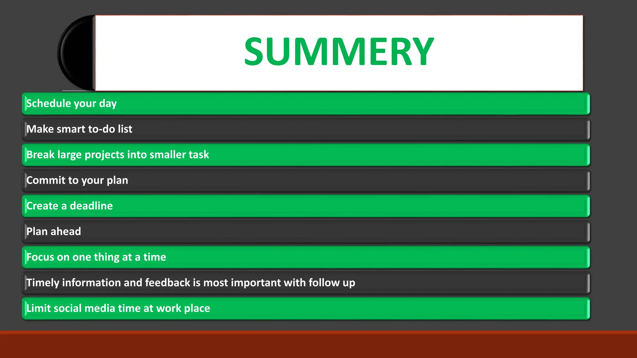 SUMMERY
Schedule your day
Make smart to-do list
Break large projects into smaller task
Commit to your plan
Create a deadline
Plan ahead
Focus on one thing at a time
Timely information and feedback is most important with follow up
Limit social media time at work place
 