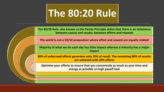 The 80:20 Rule
The 80/20 Rule, also known as the Pareto Principle states that there is an imbalance
between causes and results, between efforts and rewards
The world is not a 50/50 proposition where effort and reward are equally related
Majority of what we do each day has little impact whereas a minority has a major
impact
80% of unfocused efforts generates only 20% of result. The remaining 80% of results
are achieved with 20% efforts
Optimize your efforts to ensure that you concentrate as much as your time and
energy as possible on high payoff task
 