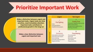 Prioritize Important Work
Make a distinction between urgent and
important tasks. Urgent tasks are time
sensitive, need immediate attention.
Important tasks contribute to
professional growth in the long run
Make a clear distinction between
urgent and important task
 