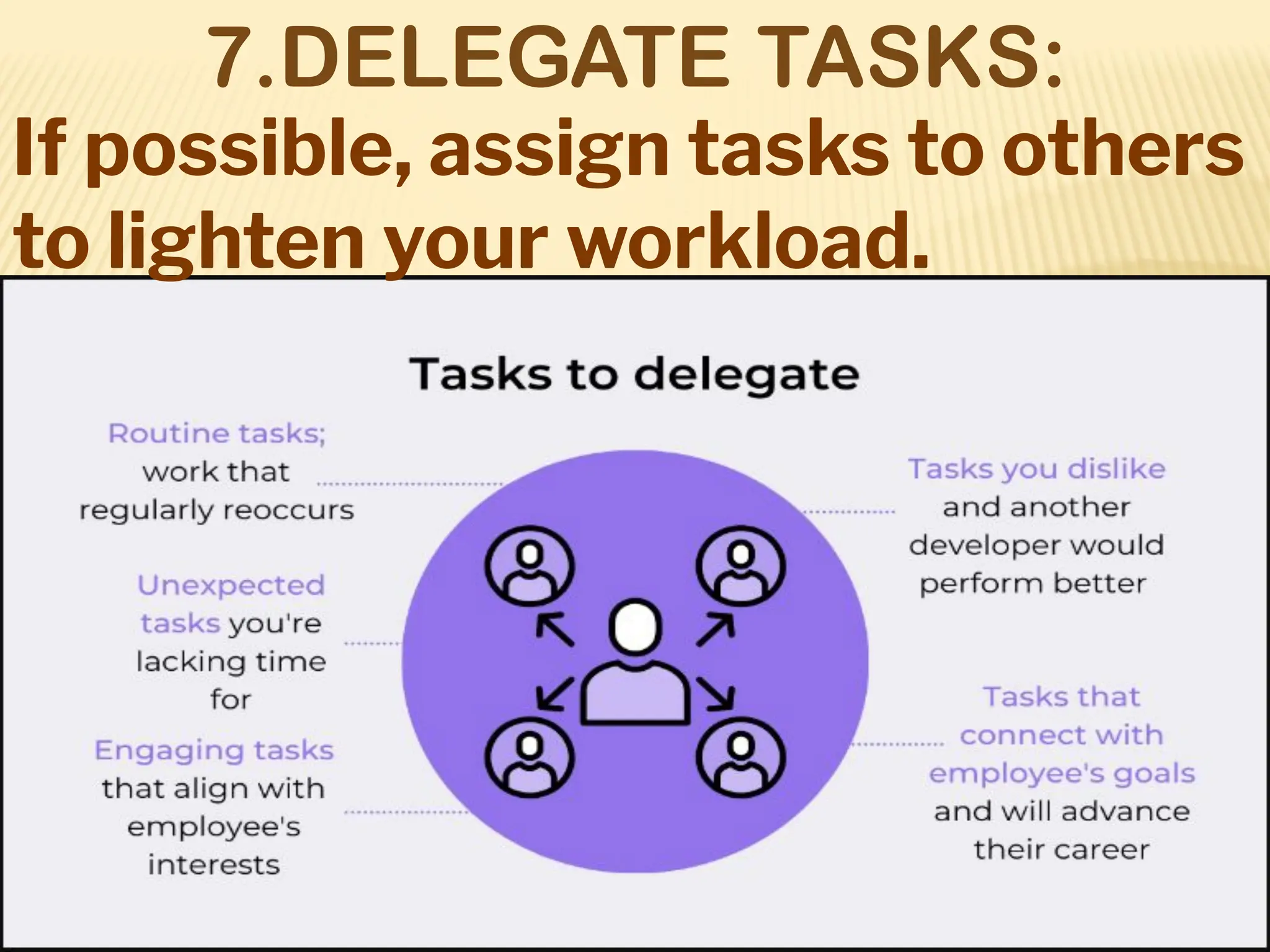 7.DELEGATE TASKS:
If possible, assign tasks to others
to lighten your workload.
 