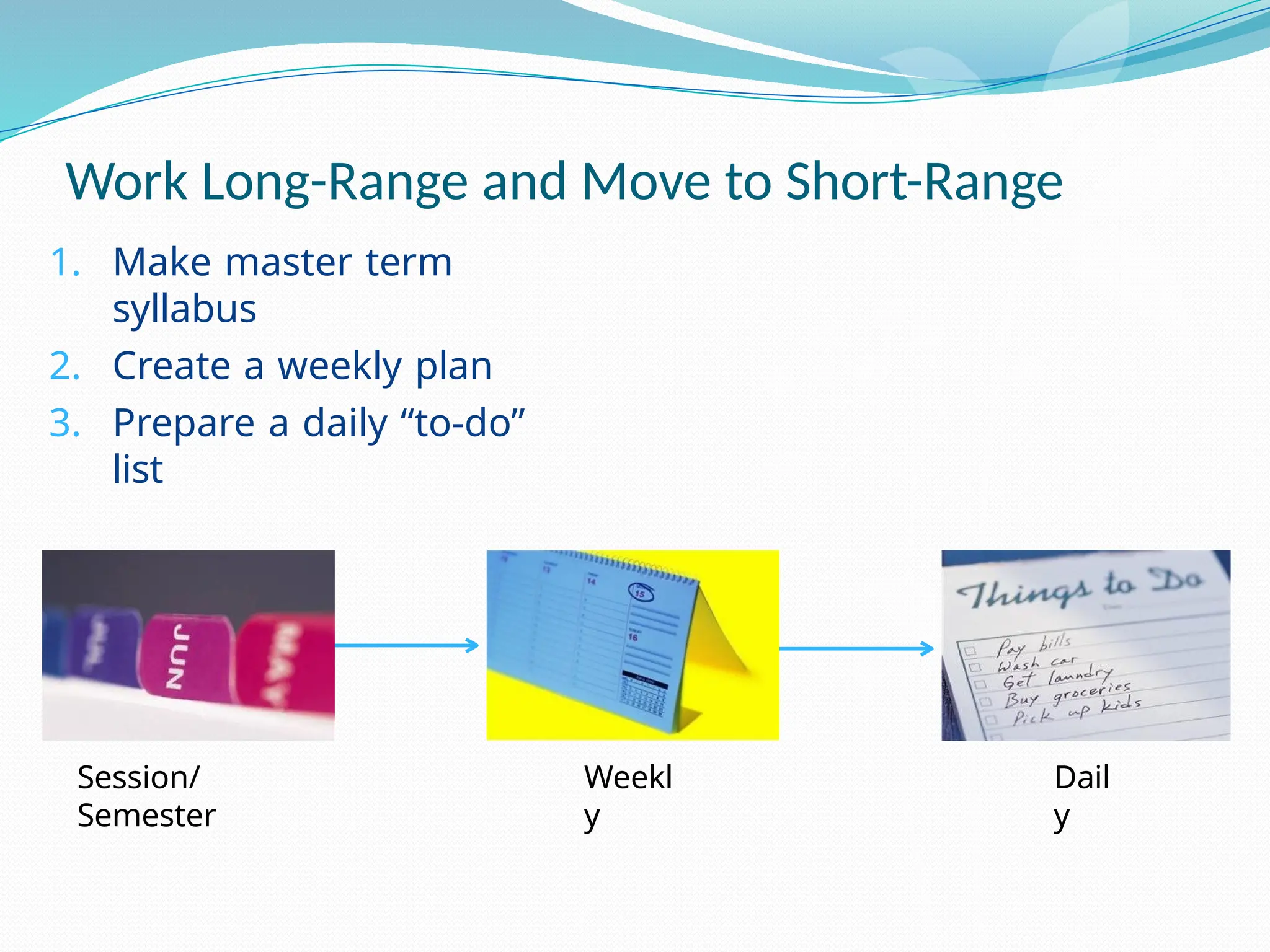 Work Long-Range and Move to Short-Range
1. Make master term
syllabus
2. Create a weekly plan
3. Prepare a daily “to-do”
list
Session/
Semester
Weekl
y
Dail
y
 