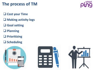 The process of TM
 Cost your Time
 Making activity logs
 Goal setting
 Planning
 Prioritizing
 Scheduling
 