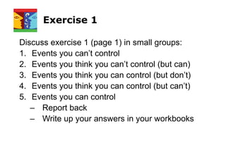 Exercise 1
Discuss exercise 1 (page 1) in small groups:
1. Events you can’t control
2. Events you think you can’t control (but can)
3. Events you think you can control (but don’t)
4. Events you think you can control (but can’t)
5. Events you can control
– Report back
– Write up your answers in your workbooks
 