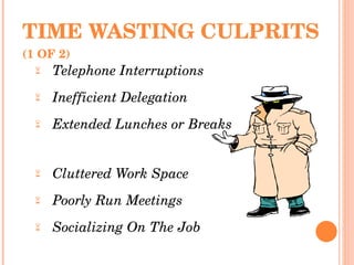 TIME WASTING CULPRITS   (1 OF 2) Telephone Interruptions   Inefficient Delegation Extended Lunches or Breaks  Cluttered Work Space Poorly Run Meetings Socializing On The Job  Misfiled Information   