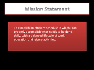 To establish an efficient schedule in which I can
properly accomplish what needs to be done
daily, with a balanced lifestyle of work,
education and leisure activities.

 