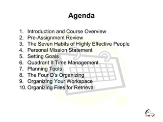 Agenda
1. Introduction and Course Overview
2. Pre-Assignment Review
3. The Seven Habits of Highly Effective People
4. Personal Mission Statement
5. Setting Goals
6. Quadrant II Time Management
7. Planning Tools
8. The Four D’s Organizing
9. Organizing Your Workspace
10. Organizing Files for Retrieval
 