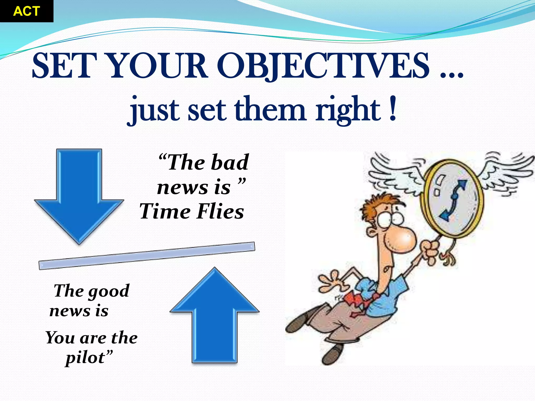 SET YOUR OBJECTIVES …
just set them right !
“The bad
news is ”
Time Flies
The good
news is
You are the
pilot”
ACT
 