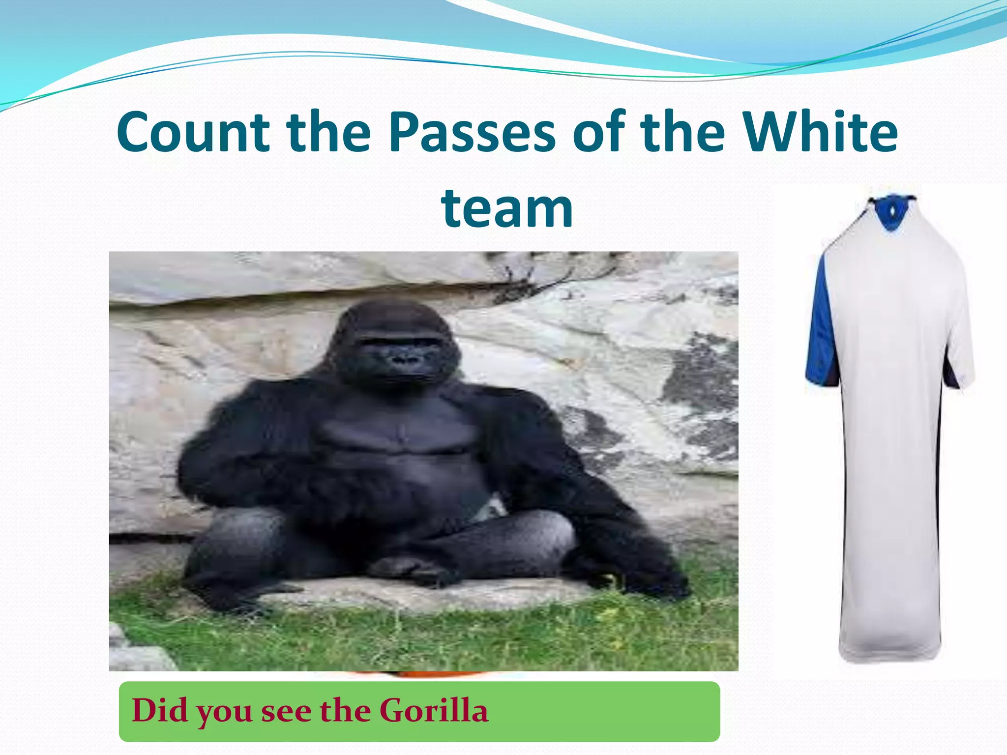 Count the Passes of the White
team
Did you see the Gorilla
 