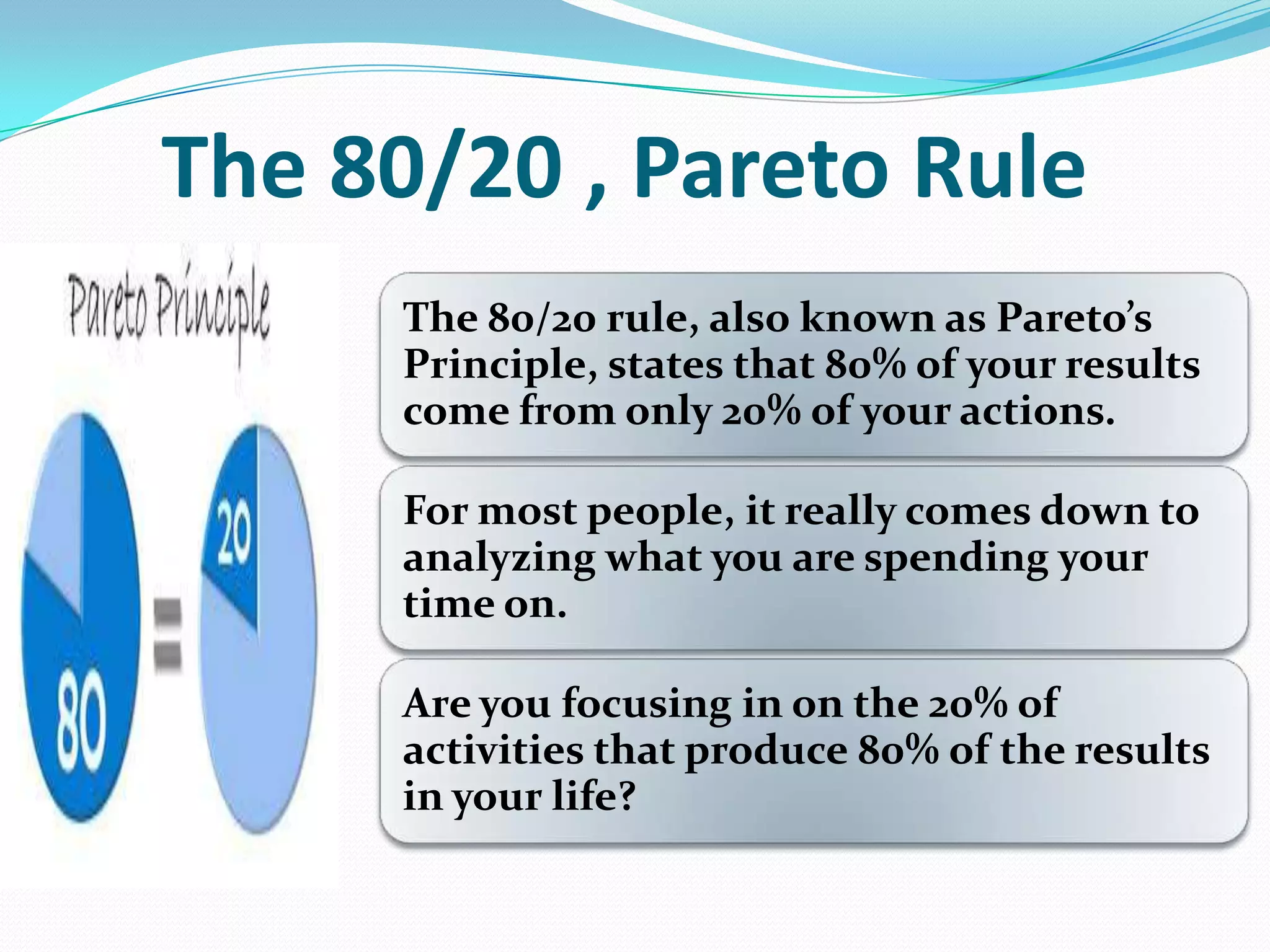 The 80/20 , Pareto Rule
The 80/20 rule, also known as Pareto’s
Principle, states that 80% of your results
come from only 20% of your actions.
For most people, it really comes down to
analyzing what you are spending your
time on.
Are you focusing in on the 20% of
activities that produce 80% of the results
in your life?
 