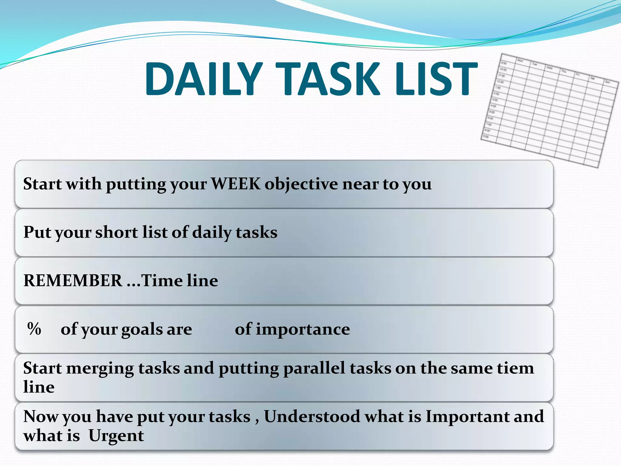 DAILY TASK LIST
Start with putting your WEEK objective near to you
Put your short list of daily tasks
REMEMBER ...Time line
% of your goals are of importance
Start merging tasks and putting parallel tasks on the same tiem
line
Now you have put your tasks , Understood what is Important and
what is Urgent
 