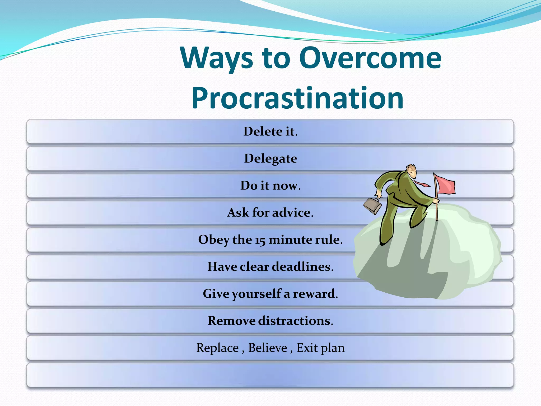 Ways to Overcome
Procrastination
Delete it.
Delegate
Do it now.
Ask for advice.
Obey the 15 minute rule.
Have clear deadlines.
Give yourself a reward.
Remove distractions.
Replace , Believe , Exit plan
 