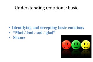 Understanding emotions: basic
• Identifying and accepting basic emotions
• “Mad / bad / sad / glad”
• Shame
 