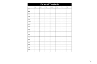 14
Personal Timetable
Sun Mon Tues Weds Thurs Fri Sat
08:00
09:00
10:00
11:00
12:00
1:00pm
2:00
3:00
4:00
5:00
6:00
7:00
8:00
9:00
10:00
11:00
12:00
 