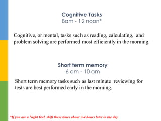 Cognitive Tasks
8am - 12 noon*
Cognitive, or mental, tasks such as reading, calculating, and
problem solving are performed...