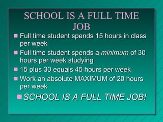 SCHOOL IS A FULL TIME JOB <ul><li>Full time student spends 15 hours in class per week </li></ul><ul><li>Full time student ...