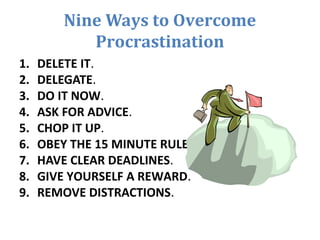 Nine Ways to Overcome
Procrastination
1. DELETE IT.
2. DELEGATE.
3. DO IT NOW.
4. ASK FOR ADVICE.
5. CHOP IT UP.
6. OBEY THE 15 MINUTE RULE.
7. HAVE CLEAR DEADLINES.
8. GIVE YOURSELF A REWARD.
9. REMOVE DISTRACTIONS.
 