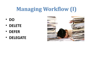 Managing Workflow (I)
• DO
• DELETE
• DEFER
• DELEGATE
 