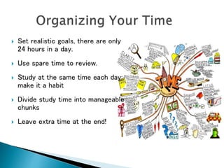  Set realistic goals, there are only
24 hours in a day.
 Use spare time to review.
 Study at the same time each day:
ma...