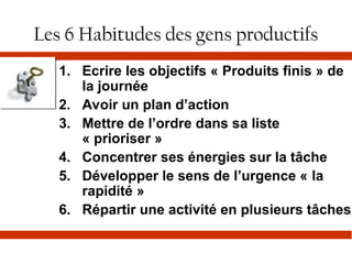 Les 6 Habitudes des gens productifs
1. Ecrire les objectifs « Produits finis » de
la journée
2. Avoir un plan d’action
3. Mettre de l’ordre dans sa liste
« prioriser »
4. Concentrer ses énergies sur la tâche
5. Développer le sens de l’urgence « la
rapidité »
6. Répartir une activité en plusieurs tâches
 